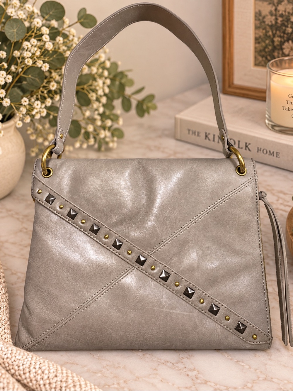 HOBO International Gray Taupe Leather Studded Shoulder Bag